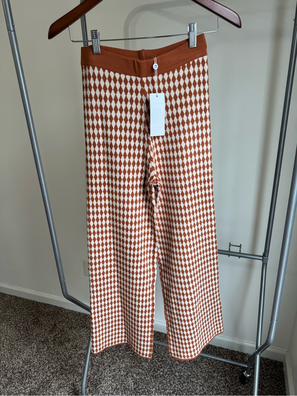 NWT Sage The Label Harlequin Knit Wide Leg Pants Orange Cream Size Small Boho